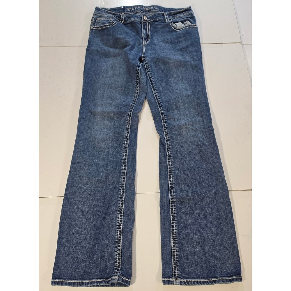 Live Hard Mens Bootcut Jeans Blue Cross Embroidered Sequins Y2K 31x31 HZ-537